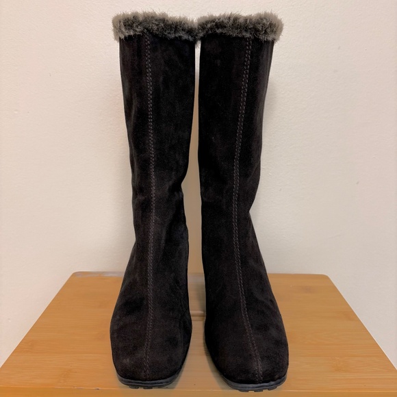 Sleek Deep Brown Suede Faux Fur Trim Boots - Picture 4 of 12